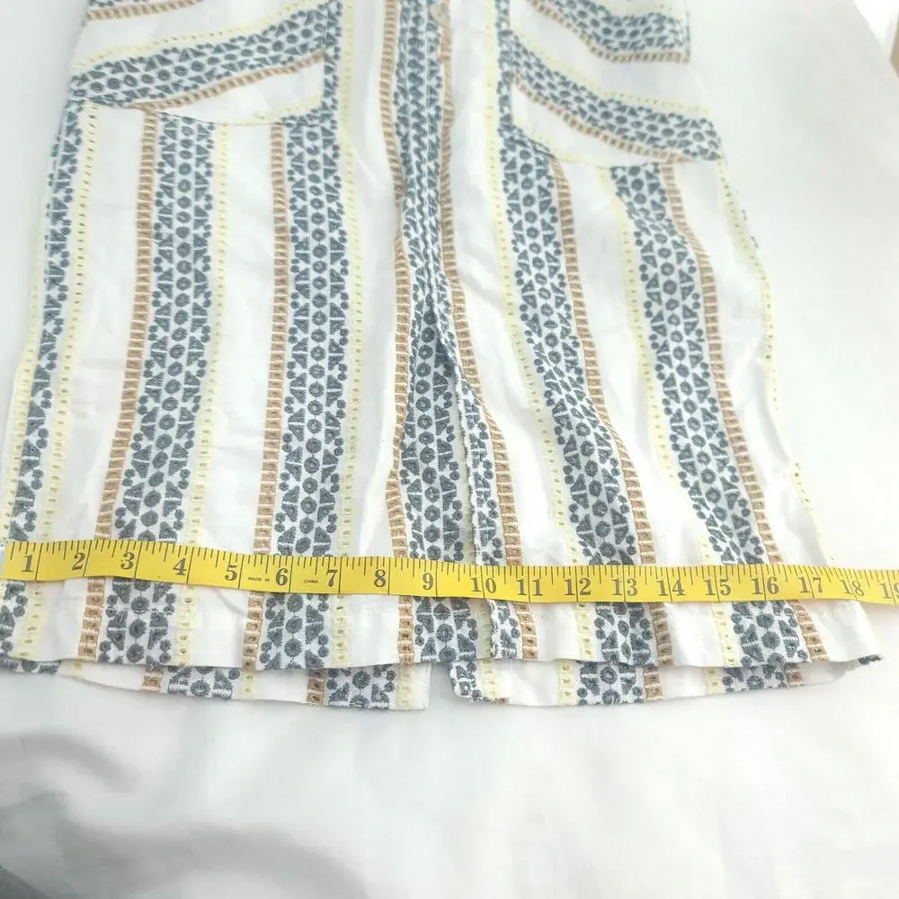 Anthropologie Cream Blue Striped Pockets Buttons Size 4 Pencil Skirt
